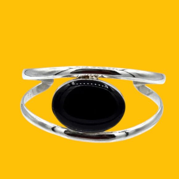 Vintage Sterling Silver Onyx Split Shank Cuff Bracelet - Picture 1 of 5